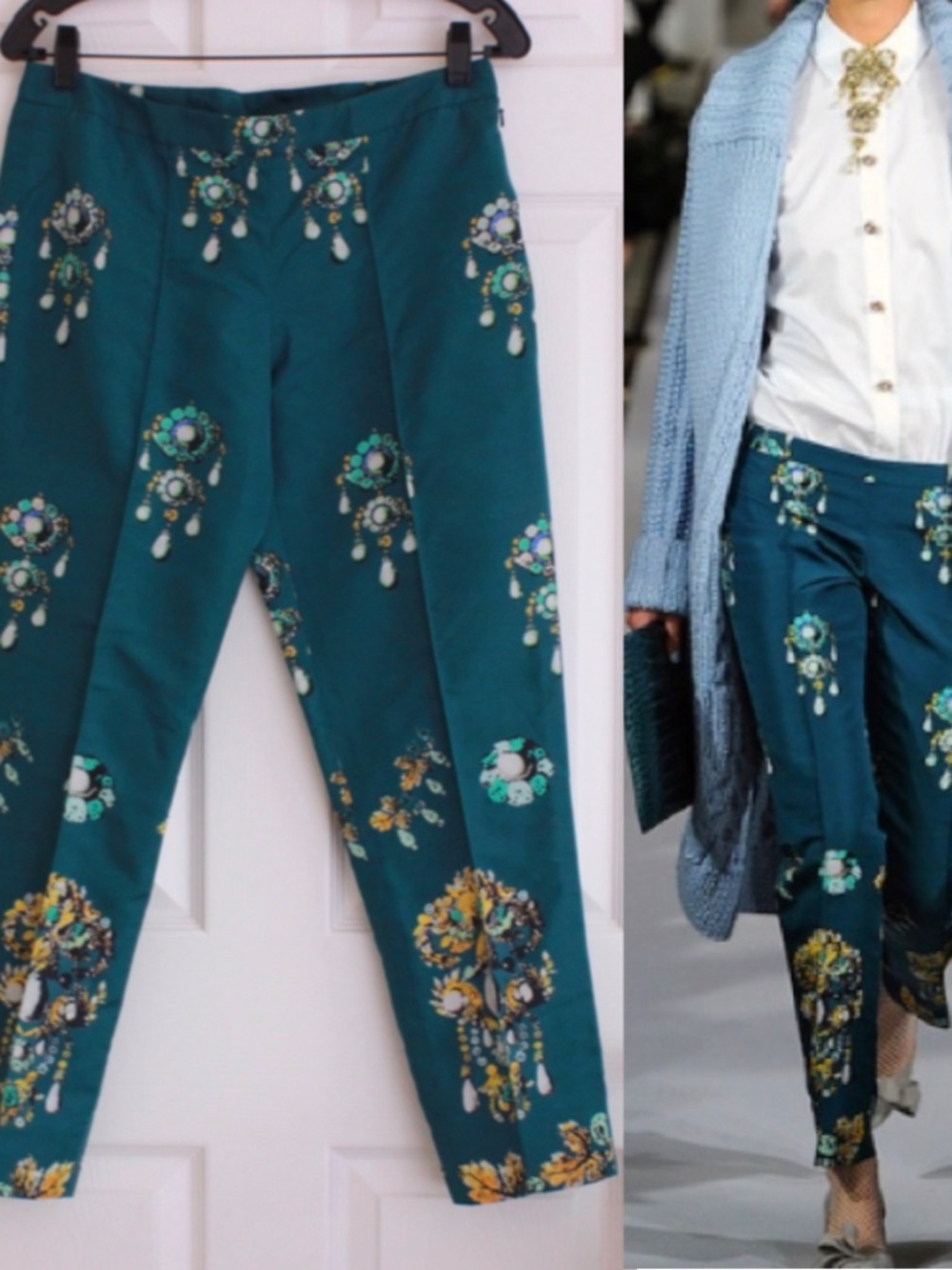 Oscar De La Renta Runway Silk Jewel Print Green Trouser Pants